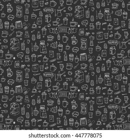 Seamless background hand drawn doodle Coffee time icons set Vector illustration isolated drink symbols collection Cartoon various beverage element: mug, cup, espresso, americano, irish, decaffeinated