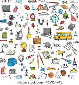 Seamless background with hand drawn doodle School icons set Vector illustration educational symbols Cartoon learning elements: Laptop; Lunch box; Bag; Microscope; Telescope; Books; Pencil Sketch bus
