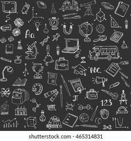 Seamless background with hand drawn doodle School icons set Vector illustration educational symbols Cartoon learning elements: Laptop; Lunch box; Bag; Microscope; Telescope; Books; Pencil Sketch bus
