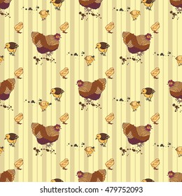 Seamless background with hand drawn doodle rooster, hens and chickens Vector illustration. Symbol 2017 New Year Chinese horoscope.