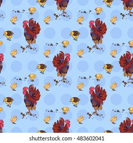 Seamless background with hand drawn doodle rooster, hens and chickens Vector illustration. Symbol 2017 New Year Chinese horoscope.