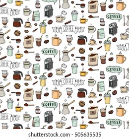 Seamless background hand drawn doodle Coffee time icons set Vector illustration isolated drink symbols collection Cartoon various beverage element: mug, cup, espresso, americano, irish, decaffeinated