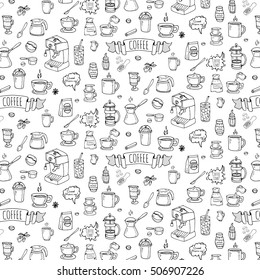 Seamless background hand drawn doodle Coffee time icons set Vector illustration isolated drink symbols collection Cartoon various beverage element: mug, cup, espresso, americano, irish, decaffeinated