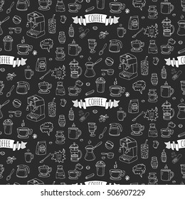 Seamless background hand drawn doodle Coffee time icons set Vector illustration isolated drink symbols collection Cartoon various beverage element: mug, cup, espresso, americano, irish, decaffeinated