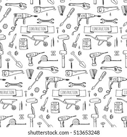 Seamless background hand drawn doodle Construction tools set Vector illustration building icons House repair icons concept collection Modern sketch style labels of house remodel gear elements, symbols