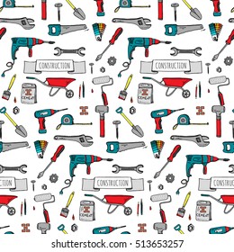 Seamless background hand drawn doodle Construction tools set Vector illustration building icons House repair icons concept collection Modern sketch style labels of house remodel gear elements, symbols