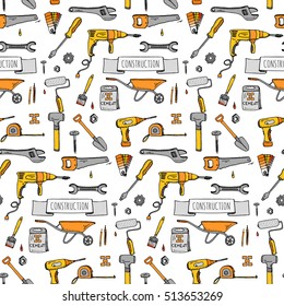 Seamless background hand drawn doodle Construction tools set Vector illustration building icons House repair icons concept collection Modern sketch style labels of house remodel gear elements, symbols