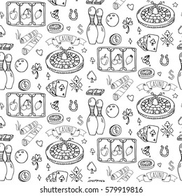 Seamless background hand drawn doodle set of Casino icons. Vector illustration set. Cartoon Gambling symbols. Sketchy game elements collection: bet, jackpot, cards, chips, coins, roulette, poker, slot
