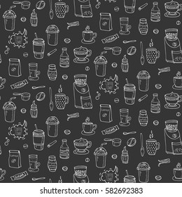 Seamless background hand drawn doodle Coffee time icons set Vector illustration isolated drink symbols collection Cartoon various beverage element: mug, cup, espresso, americano, irish, decaffeinated