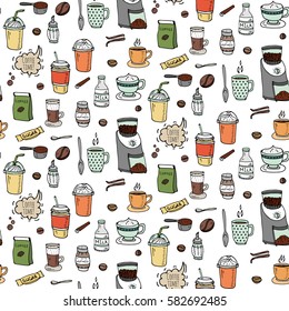 Seamless background hand drawn doodle Coffee time icons set Vector illustration isolated drink symbols collection Cartoon various beverage element: mug, cup, espresso, americano, irish, decaffeinated