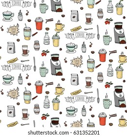 Seamless background hand drawn doodle Coffee time icons set Vector illustration isolated drink symbols collection Cartoon various beverage element: mug, cup, espresso, americano, irish, decaffeinated