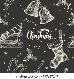 Seamless background with hand drawn doodle bells,santa's sleigh,candy,holly and sock.New year.Christmas pattern can be used for wallpaper, web page background, surface textures, textile,package,banner