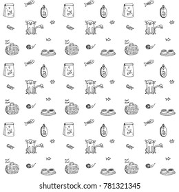 Seamless background Hand drawn doodle Pets stuff and supply icons set. Vector illustration. Vet symbol collection Cartoon cats care elements: kitty, food, paw, bowl, carrier, fish Pattern for pet shop