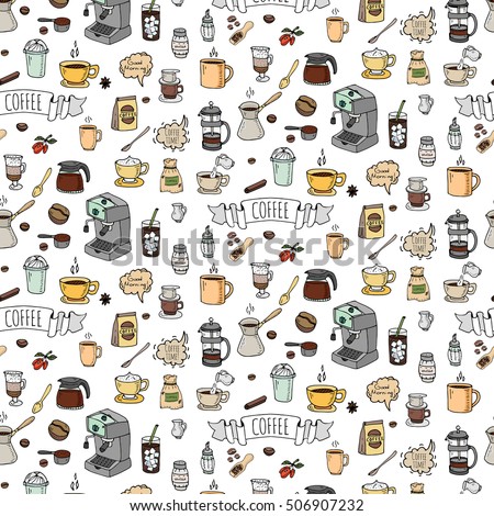 Seamless background hand drawn doodle Coffee time icons set Vector illustration isolated drink symbols collection Cartoon various beverage element: mug, cup, espresso, americano, irish, decaffeinated