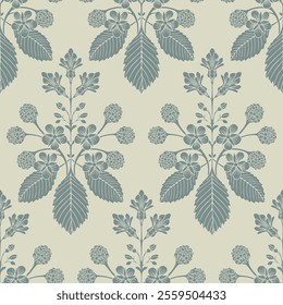 Seamless  background. Hand drawn flower and raspberry blossoms. 
