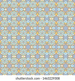 Seamless background with hand drawn flowers and plants. Seamless pattern of stylized little flowers in yellow, blue and gray colors. Vector illustration.