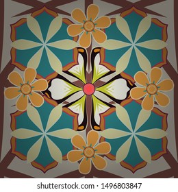 Seamless background with hand drawn flowers and plants. Vector illustration. Seamless pattern of stylized little flowers in orange, green and beige colors.
