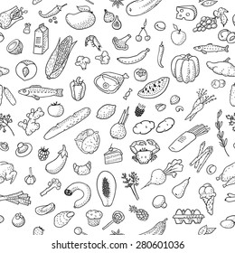 Seamless background with hand drawn food, black & white. Vector illustration, eps10.