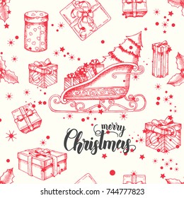 Seamless background with hand drawn gifts, santa's sleigh, holly and glitter. New year. Christmas pattern can be used for wallpaper, web page background, surface textures, textile, package, banner