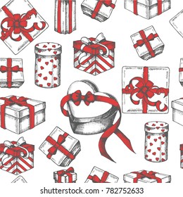Seamless background with hand drawn gifts. Valentine's Day background. Pattern can be used for wallpaper, web page background, surface textures, textile, package, banner. Christmas, New Year, birthday