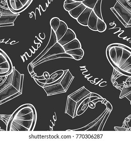 Seamless background of Hand drawn gramophone, sketch. Music, nostalgia symbol. Vintage vector illustration. Isolated on black background