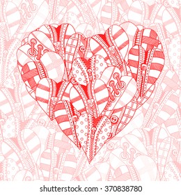 Seamless background of hand drawn hearts. Background for Valentines day. Sketch for coloring book. Vector, doodle design elements. Red and white. 