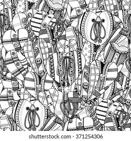 Seamless background of hand drawn hearts. Background for Valentines day. Sketch for coloring book. Vector, doodle design elements. Black and white. 