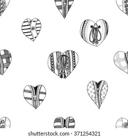 Seamless background of hand drawn hearts. Background for Valentines day. Sketch for coloring book. Vector, doodle design elements. Black and white. 