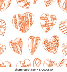 Seamless background of hand drawn hearts. Background for Valentines day. Sketch for coloring book. Vector, doodle design elements. Red and white. 