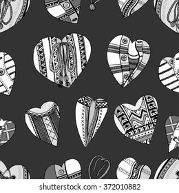 Seamless background of hand drawn hearts. Background for Valentines day. Sketch for coloring book. Vector, doodle design elements. Black and white. 