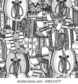 Seamless background of hand drawn hearts. Background for Valentines day. Sketch for coloring book. Vector, doodle design elements. Black and white.