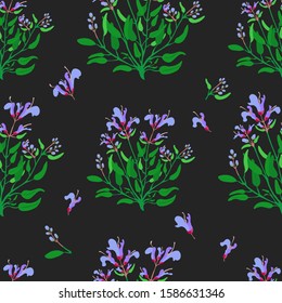 Seamless Background with Hand Drawn Herb known as Common Sage and Scattered Flowers on the Dark Background. Naive Vector Illustration Art. Seamless Pattern for Print on Fabrics, Paper, Web Usage etc.