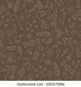 Seamless background with hand drawn icons on the theme of biology,beige outline on a brown background