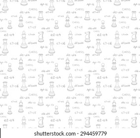 Seamless background of hand drawn icons of chess pieces and algebraic chess notation, pawn, knight, rook, bishop, king, queen, Icons of chess on a white isolated background. Vector illustration.