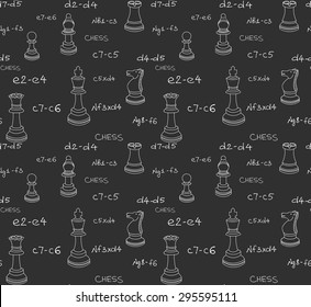 Seamless background of hand drawn icons of chess pieces and algebraic chess notation, pawn, knight, rook, bishop, king, queen, Icons of chess on black isolated background. Vector illustration.