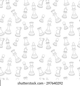Seamless background of hand drawn icons of chess pieces and algebraic chess notation, pawn, knight, rook, bishop, king, queen, Icons of chess on a white isolated background. Vector illustration.