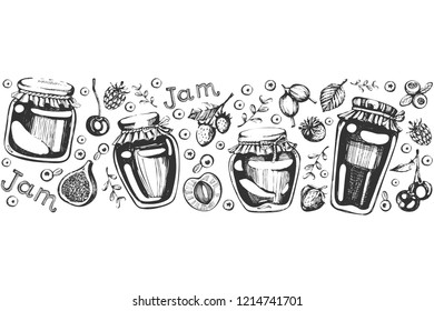 Seamless background with hand drawn jam and berry