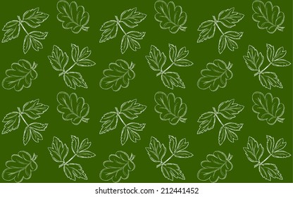 Seamless background of hand drawn leaves isolated on green background. Vector illustration EPS10.
