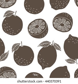 Seamless background with hand drawn lemons and oranges, vector citrus pattern