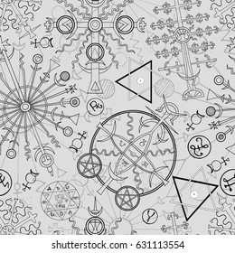 Seamless background with hand drawn mystic and esoteric symbols. Hand drawn vector illustration