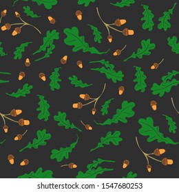 Seamless Background with  Hand Drawn Oak Tree Leaves and Acorns on the Dark Grey Background. Seamless Pattern for Print on Fabrics, Paper, Web Usage etc. EPS 10 Vector Illustration.