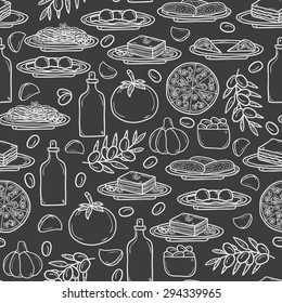 Seamless background with hand drawn objects on italian food theme: pizza, pasta, tomato, olive oil, olives, tiramisu, mozzarella, lasagna. Ethnic cuisine concept. Italian cuisine hand drawn objects