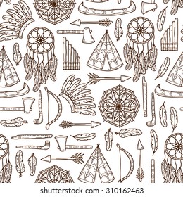Seamless background with hand drawn objects on injun theme: tomahawk, feather, canoe, bow, arrow, hat, mandala, flute, pipe, dreamcatcher. Native american concept
