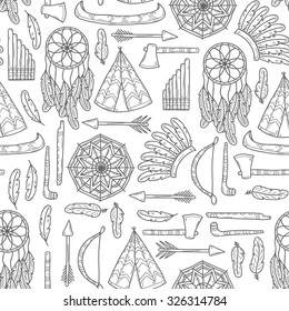 Seamless background with hand drawn objects on injun theme: tomahawk, feather, canoe, bow, arrow, hat, mandala, flute, pipe, dreamcatcher. Native american concept for your design