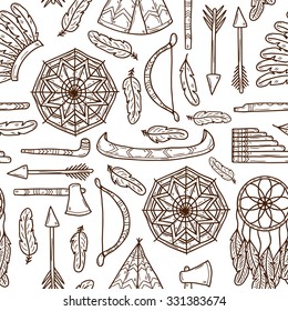 Seamless background with hand drawn objects on injun theme: tomahawk, feather, canoe, bow, arrow, hat, mandala, flute, pipe, dreamcatcher. Native american concept for your design