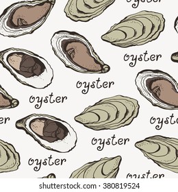 Seamless background with hand drawn oysters with text