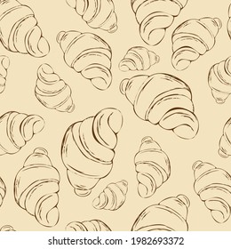 Seamless background with hand drawn pastries, vector. Croissant outlines isolated background. Element for the design of your cafe, restaurant, menu, packaging, fabric.