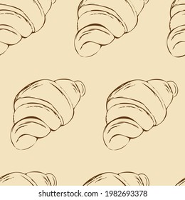 Seamless background with hand drawn pastries, vector. Croissant outlines isolated background. Element for the design of your cafe, restaurant, menu, packaging, fabric.