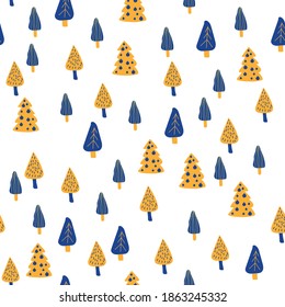 Seamless background. Hand drawn pattern of Christmas holidays. Blue, yellow, brown Christmas trees, seamless pattern. Forest background. Childrens texture for fabrics, textiles.