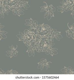 Seamless background with hand drawn peony flowers. monochrome pattern.